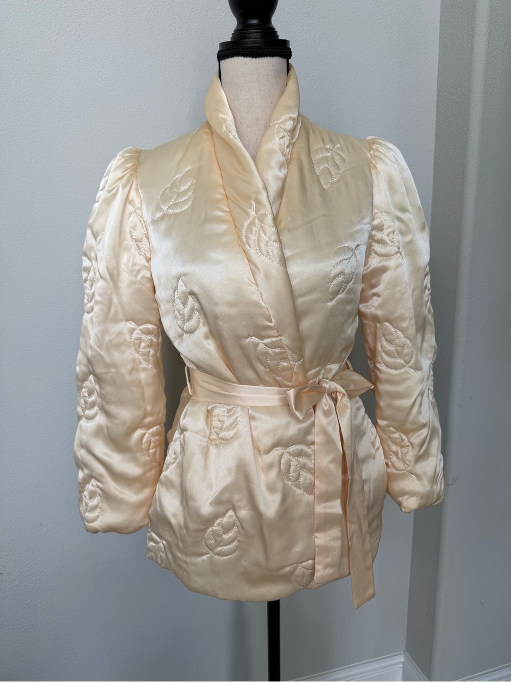 Lanvin Vintage Quilted Satin Wrap Bed Jacket in Rose Cream